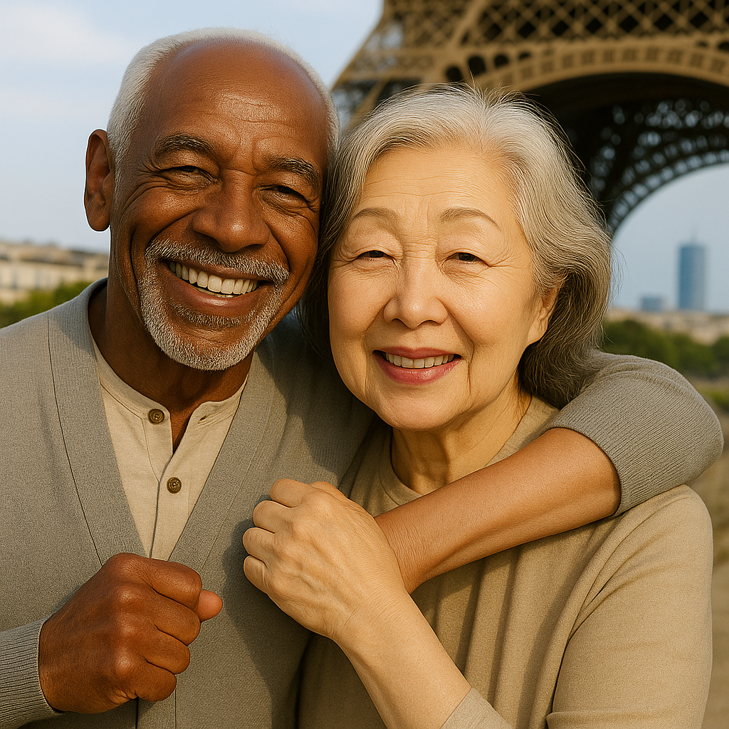 Create an image of a lovely older couple in front of the Eiffel Tower (Do not add any text or labels to the image)